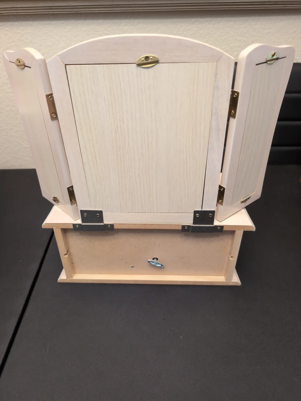 Beige Tri-Fold Mirror Jewelry Box with Drawers